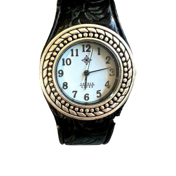 Saddle River Women's Tooled Leather & Silver Cuff Watch - Picture 1 of 7